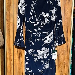 Ralph Lauren Blue Sheath Dress with Bell Sleeves and V-Neck